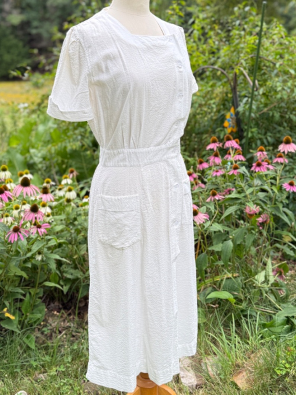 Vintage 1950s Seersucker Nurses Puritan Uniform M/L White Easy Care Cotton